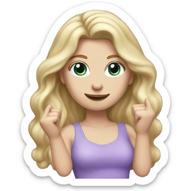 Woman, white skin, pale skin, long hair, blonde hair, wavy hair, lavender top, finger guns sticker