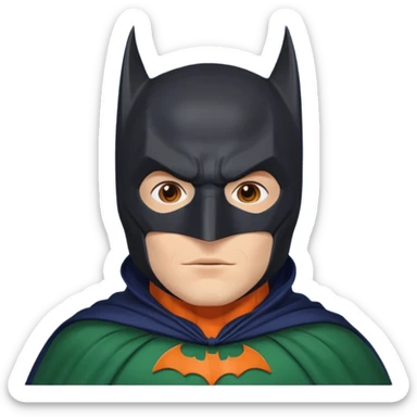 generate a batman emoji with just the face and neck showing and part of the cloak and and wings. Shade the bat logo on the chest in a medium green with a slight olive touch. Shade the mask in dark navy blue. Shade the cloak in a solid vibrant orange.

 sticker