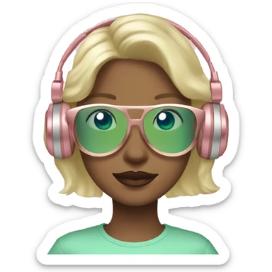 Girl with blonde hair, blue eyes, and pink lips with rose gold headphones on and light green translucent glasses on  sticker