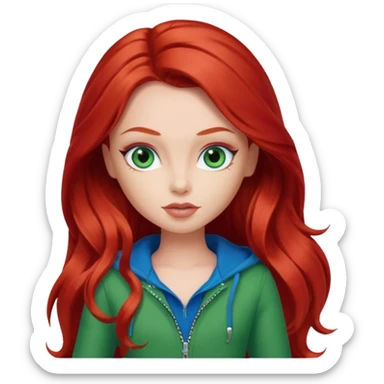 Bratz Meygan red long hair blue eyes, green outfit sticker
