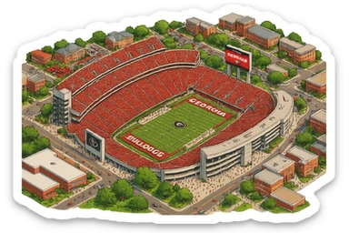 Изометричная, яркая, детализированная и фотореалистичная иллюстрация стадиона Sanford Stadium в стиле 3D-коллажей городов, насыщенные цвета, аккуратные и чёткие линии, мультяшно-реалистичная стилистика. Чёткие контуры, не размазанные линии, высокое качество, прозрачный фон, не обрезать края стадиона. sticker