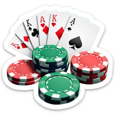 A photorealistic icon featuring playing cards and a stack of poker chips on a green felt table. Bright, detailed design with realistic textures and lighting. Transparent background, clearly symbolizing card games and strategy. sticker