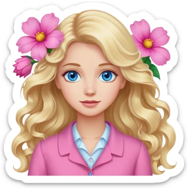 Blonde blue eyed women with long wavy hair pink flower background pink clothing sticker