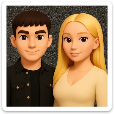 Slightly increase the volume of the upper body of the girl, separate the girl and the boy from each other, make the skin color the same for both characters, while preserving the cartoonish 3D style as in the reference image. sticker