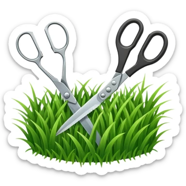  a pair of scisors cutting grass with sticker