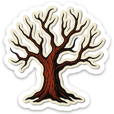 very creepy old tree with elegant thin twisted branches, combination of brown and red colors, sharp black outlines, clear shadows and highlights, cracked bark, retro stickers style, no gradients, only sharp color transitions, maximally sinister look sticker