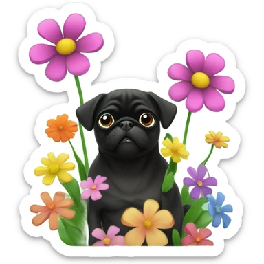 Black pug , surrounded by flowers, holding a green sign that says “good luck”  sticker