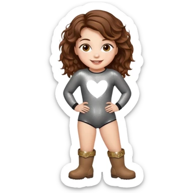 a beautiful girl with wavy volumes brown hazel hair, she has brown eyes and her face is unique, show her entire body she has big boobs and is so curvy make her wear  a body suit with uggs with a big smile and her eyes sparkly and all cute sticker