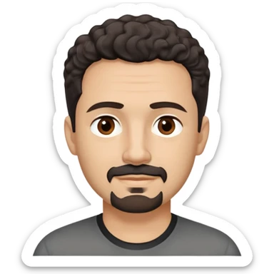 Man in his early 50s with light brown complexion. Strong jawline with soft expression. Kind dark brown eyes. Slight pleasant smile. Black goatee with subtle gray. Short curly dark hair with slight receding hairline. Professional but friendly demeanor. Wearing a black casual shirt. sticker