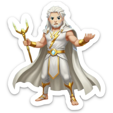 Zeus, whole body, white clothes, long white  hair, lightnings, determined face sticker