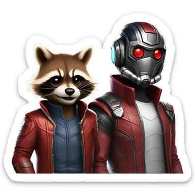 Marvels Star lord with rocket racoon playing on pc against each other and rocket racoon is cheering up "adame!" sticker