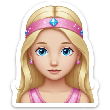 Girl with long blonde hair and blue eyes wearing a pink sparkly headband sticker