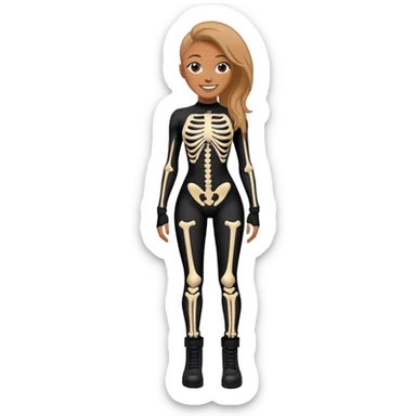 Melanie Brown wearing a tight skeleton bodysuit and black combat boots, smiling sticker