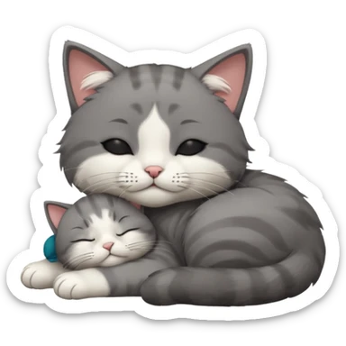 dark grey and white small cat with closed eyes, leaning his head on his paw while leaning on his elbow lying down sticker