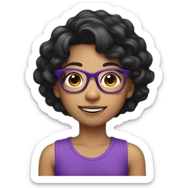 With Girl with loose black hair and purple glasses, smile, black eyes, sticker