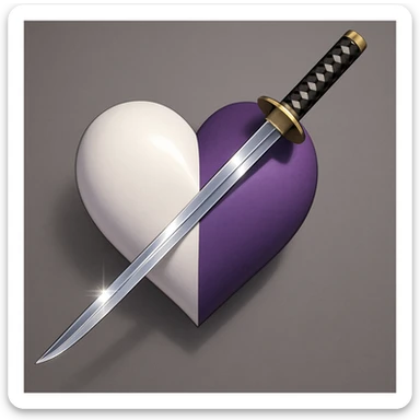A thin and shiny katana passing through the center of a heart, heart divided into two colors (white and purple) with a subtle gradient at the junction, premium illustration style, very neat rendering. sticker