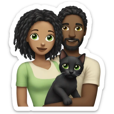 Man with dreadlocks holding a kitten with a woman with black hair and greens eyes sticker