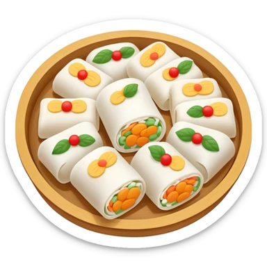 Hangzhou Pian Er Chuan steamed rice cake rolls with fillings, simplified emoji style with bold outlines and bright colors, cartoon style local specialty snack sticker