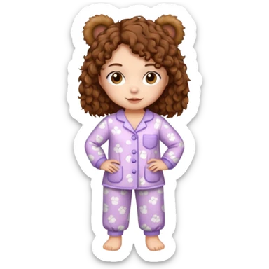 Woman with brown eyes, brown curly hair, white skin, full body in cute pijama bear sticker