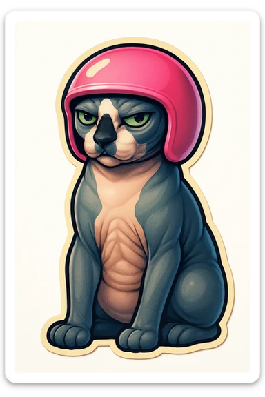 Canadian Sphynx cat with coloring as in the photo, sticker style, with a white background, with a pink helmet sticker
