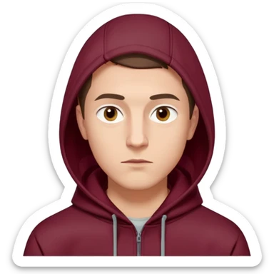 young European male with short buzzcut brown hair, smooth skin, wearing a maroon hoodie with the hood up, oval-shaped face, defined jawline, high cheekbones, sharp focused eyes under straight prominent eyebrows, calm neutral expression sticker