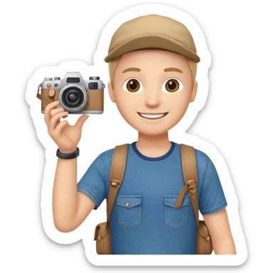 a tourist in europe holding a camera not wearing khaki sticker