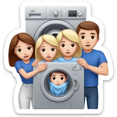 Eine Frau mit dem Kopf  in der Waschmaschine feststeckt und zwei Männer die hinten an ihr ziehen um ihr zu helfen  sticker