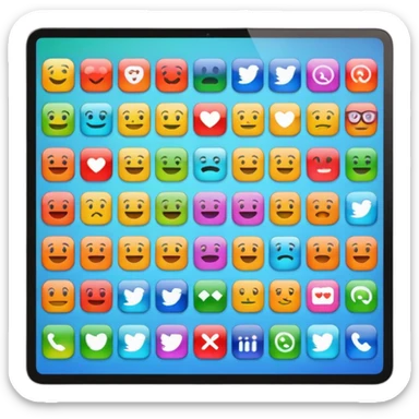 Emoji style simplified iMac screen displaying app icons in grid sticker