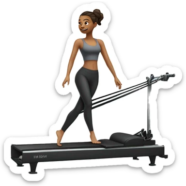Girl on a Pilates reformer machine, mid-exercise, wearing leggings and a top






 sticker
