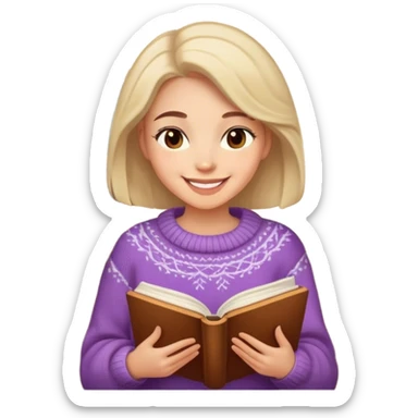 Woman wearing a cozy sweater, smiling kindly, with book sticker