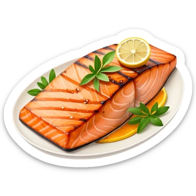 Cinematic perfectly grilled salmon, rich orange hues with crispy skin, garnished with fresh herbs, drizzled with lemon, ultra-detailed and delicious. sticker