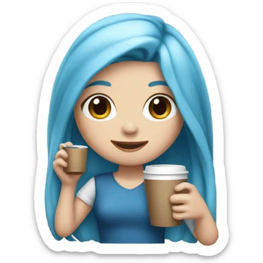 white skin girl with blue long hair drinking coffee sticker
