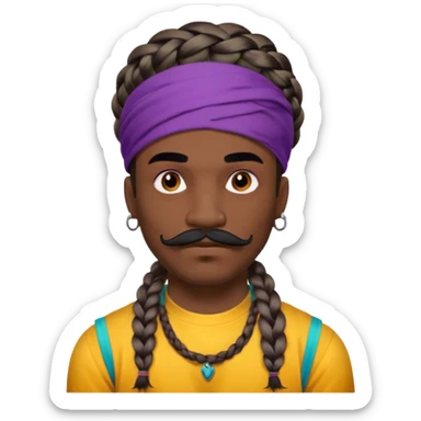 big lose braids starting from the top of the head man with mustache face wiith big visible braids and mono color headband on head  face and braids as big as headband and lots and lots of face tattoos colored tattoos like a tattoo artist hair unique color sticker