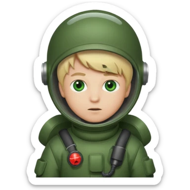 Blonde boy with green eyes wearing bomb suit sticker