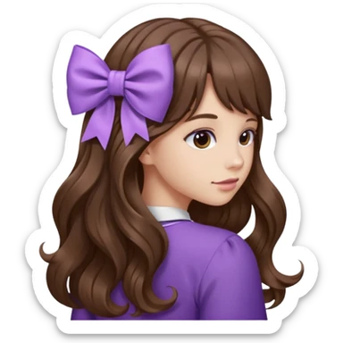 long wavy brown hair from behind with a medium lilac bow sticker