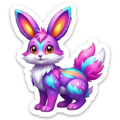 Vibrant multicolored neon-colored Falvie-Fionbri-creature-sparkle-bunny-hybrid-fursona, full body, fur pattern-markings sticker