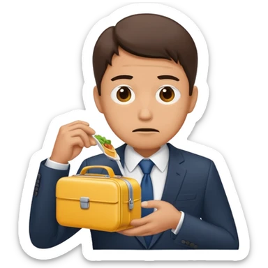 a hungry salaryman in a suit looking at an empty lunchbox sticker