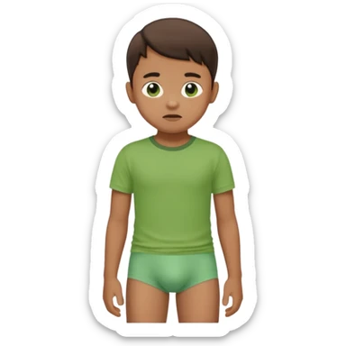 A kid wearing a poopy underwear with a green t-shirt sticker