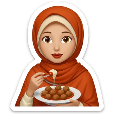 woman wearing a cream colored pashmina hijab eating meatballs sticker