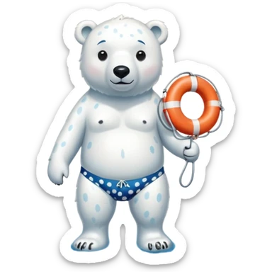full body friendly anthropomorphised polar bear wearing polka dot swim shorts and swim goggles, standing in a puddle and holding a life buoy sticker