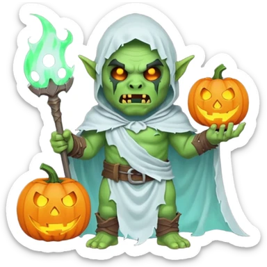 male orc warrior ghost emoji, green skin, tusks, wearing torn white ghost sheet costume, holding glowing jack-o'-lantern, faint blue aura, friendly but spooky expression, Halloween fantasy theme, Apple emoji style, clean white background, square sticker