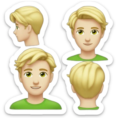 young 20 yearl old boy, blond shaved hair wearning earring, green eyes and moustache sticker