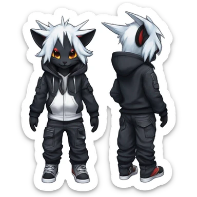 Cool Dark Anthro Chibi Absol-Noivern-Litten-Lynx-Pokémon with edgy stripes hoodie spiked collar punk techwear Cargo Pants Full Body sticker