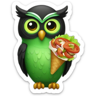 Black and green owl eating a kebab sticker