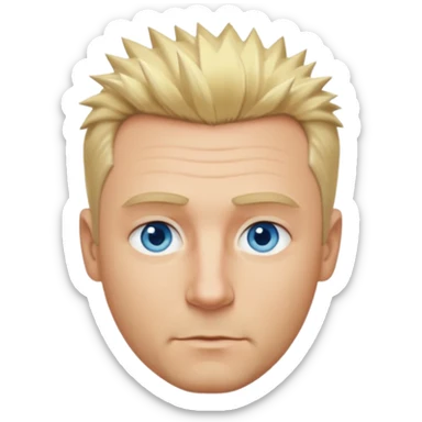 Create emoji of a single blonde guy short hair on the sides medium length slightly spiky pushed slightly to the right blue eyes define jawline middle aged sticker