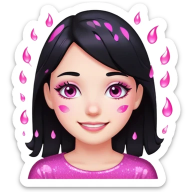 smiling girl with black hair, pink glitter tears, no heart eyes sticker