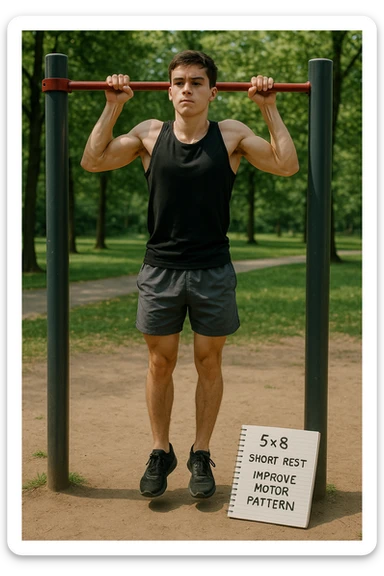 Giovane principiante dello streetlifting in un parco, fisico ancora asciutto, esegue lunghe serie di trazioni senza peso, con tecnica controllata. A terra, un taccuino con scritto '5x8 - riposo breve - migliorare schema motorio'. Espressione concentrata. Luce naturale, atmosfera educativa, senso di costruzione progressiva. sticker