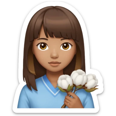 Sorta Chinese dark tan girl with straight brown hair with highlights and bangs holding cotton sticker