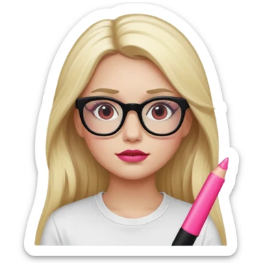 A blonde woman, long hair and long eye lashes, red blushes and little pink lip and highlighter, black glasses, white tshirt sticker