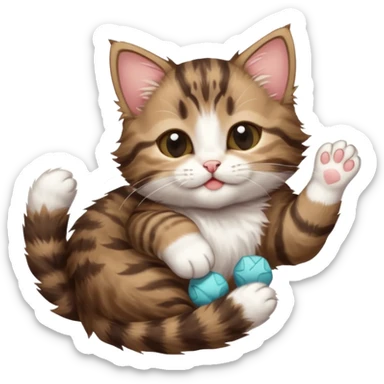 dark brown tabby and white kitten with his eyes closed whilst in funny positions stretched out and  upside down sticker